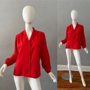 Vintage 70s Red Retro Hippie Long Sleeve Button Top Blouse L